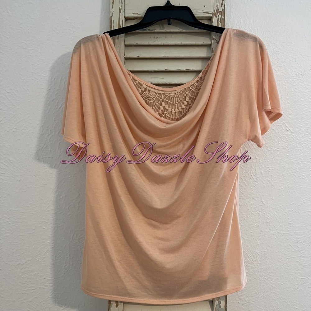 Women's Drape Cowl Neck Crochet Back Detail Top Sz M Short Sleeve Orange Peach - Picture 2 of 8